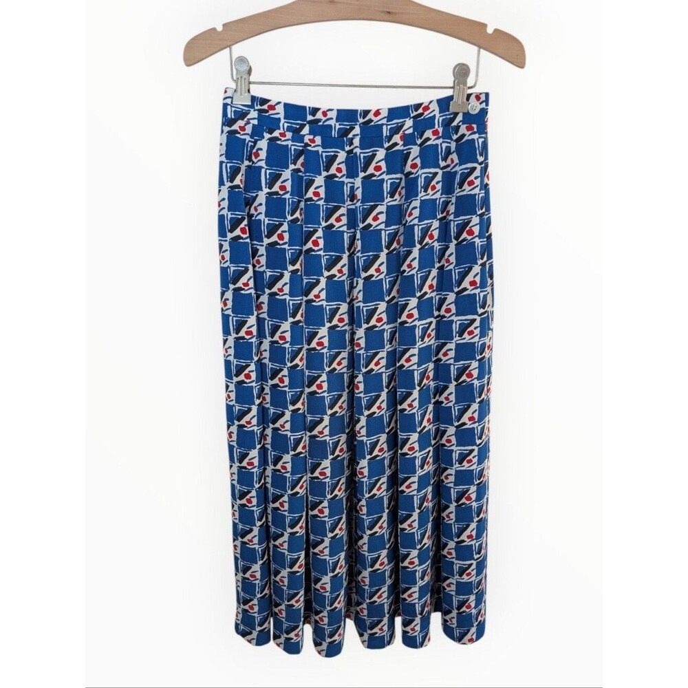 Jaeger Womens Blue Geometric Print Pleated Midi Skirt 26